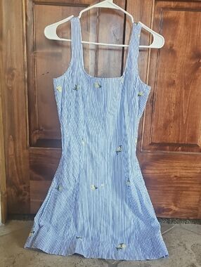 Blue Striped Sleeveless Summer Dress with Yellow Floral Detail